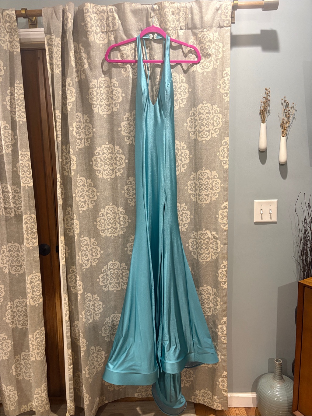Nicole Bakti Turquoise Halter Satin Evening Gown